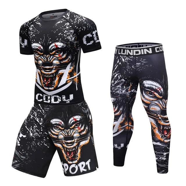New Men Sports Jiu Jitsu BJJ Suit Gym Fitness Compression Clothes Running Jogging Sport Wear Exercise Workout Rashguard Tights