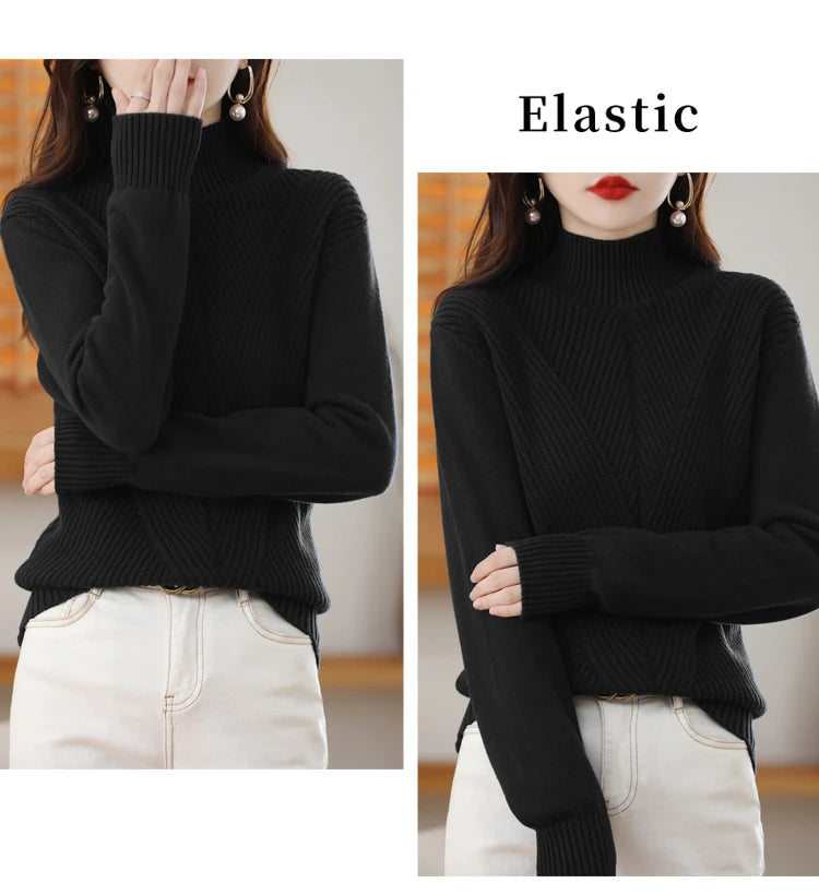Women 100% Cotton Knit Sweater Half-high Collar Stripe Pullover Autumn Winter Thickened Bottoming Clothing Casual Knitted Tops