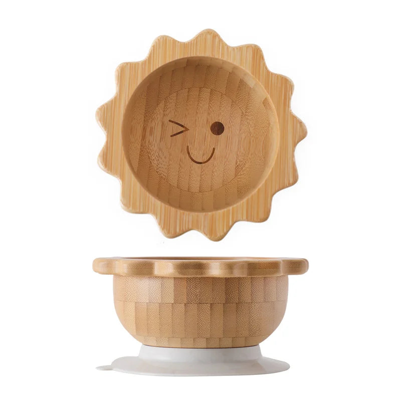 Baby Wooden Tableware Set Wooden Handle Fork Spoon Could Bamboo Wooden Plate Bowl Silicone Suction for Children Feeding Supplies