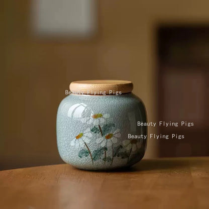 1pc Ceramics Hand Drawn Plum Blossom Urn for Ashes Pet Corpse Cremation Coffin Chinese Style Mini Urn with Lid for Ashes