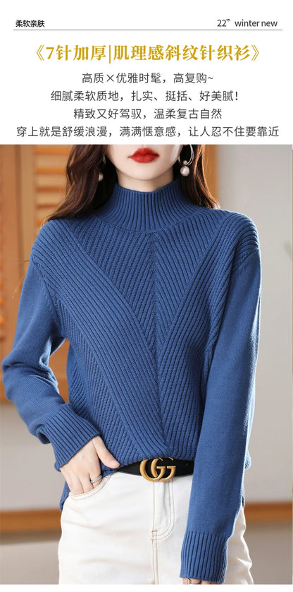 Women 100% Cotton Knit Sweater Half-high Collar Stripe Pullover Autumn Winter Thickened Bottoming Clothing Casual Knitted Tops