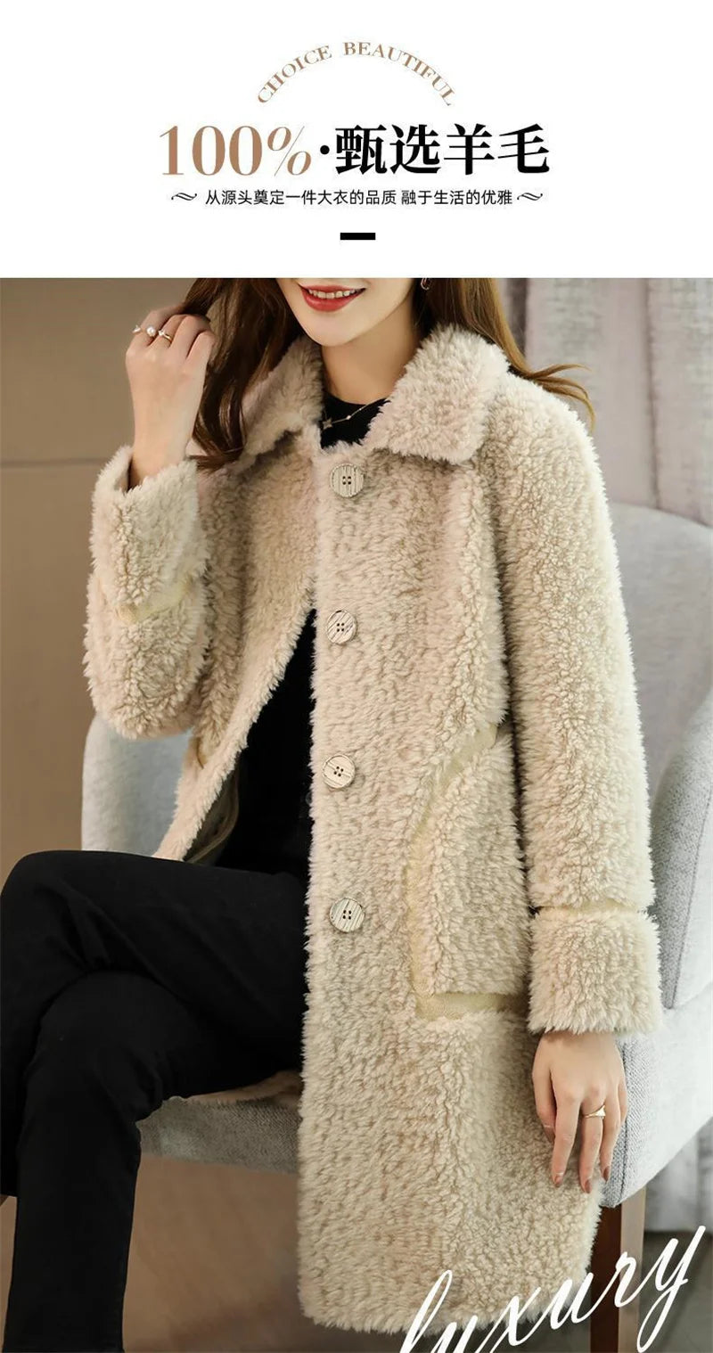 Female Winter Slim Grain Wool Middle Long Coat Women New Middle-Aged And Elderly Cashmere Thickened Imitation Lamb Wool Overcoat