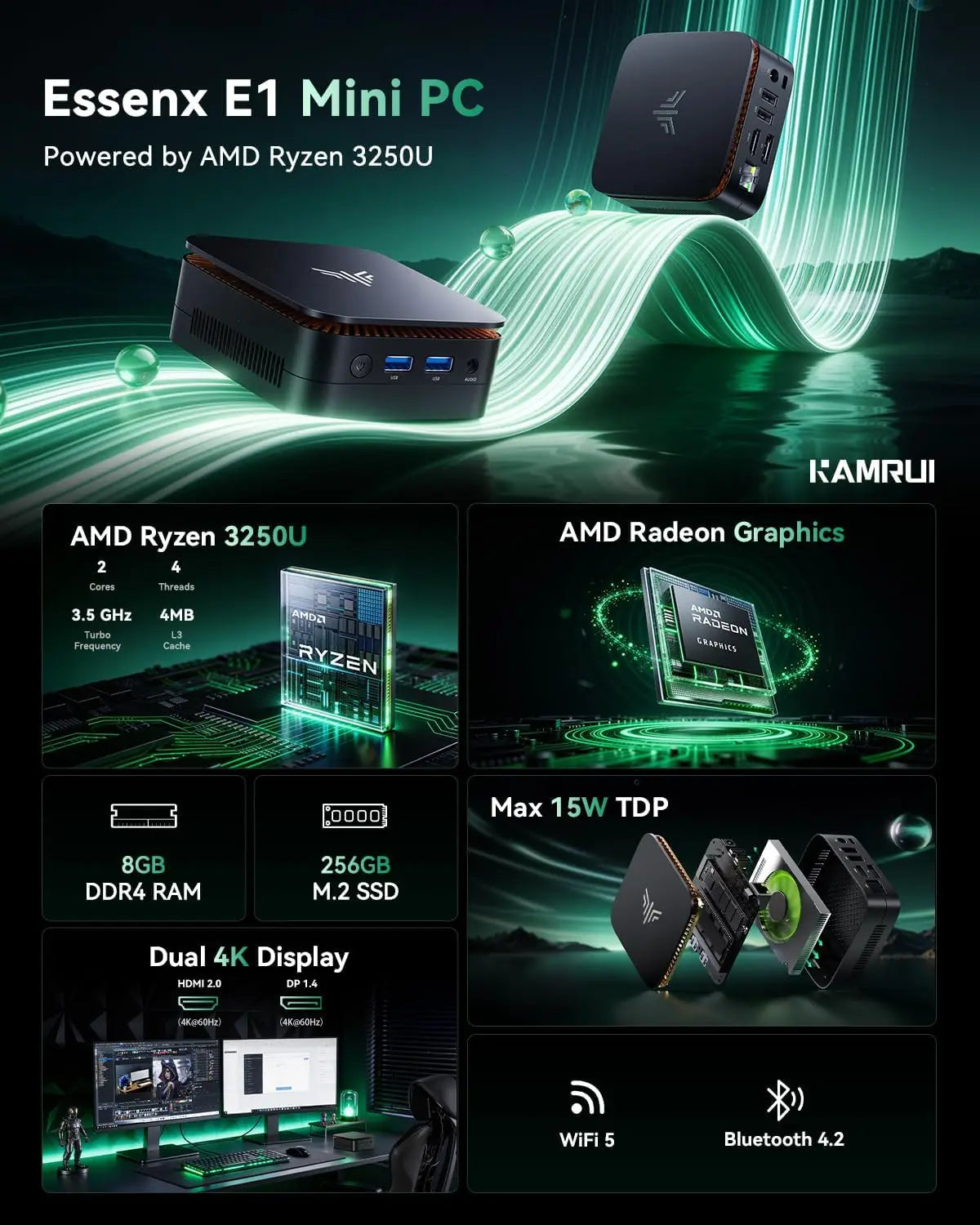 KAMRUI Mini PC AMD R3 3250U 8GB DDR4 256GB M.2 SSD Windows11Pro WiFi5 Dual 4K Display Mini Desktop Computer for Office Business