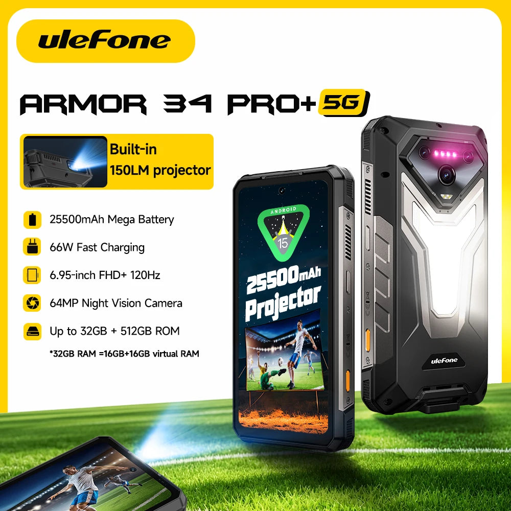 Ulefone Armor 34 Pro+ 5G Rugged Smartphone 16GB+512GB 25500mAh Built-in Projector 64MP Night Vision 6.95'' 120Hz NFC Android 15