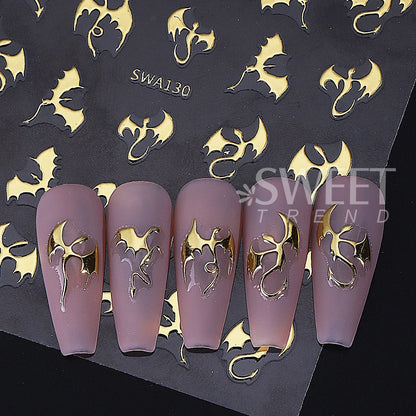 3pcs Metallic Flying Dragon Nails Stickers Gold Silver Laser Flying Devil Bat Design Nail Decals DIY Halloween Manicure Decor