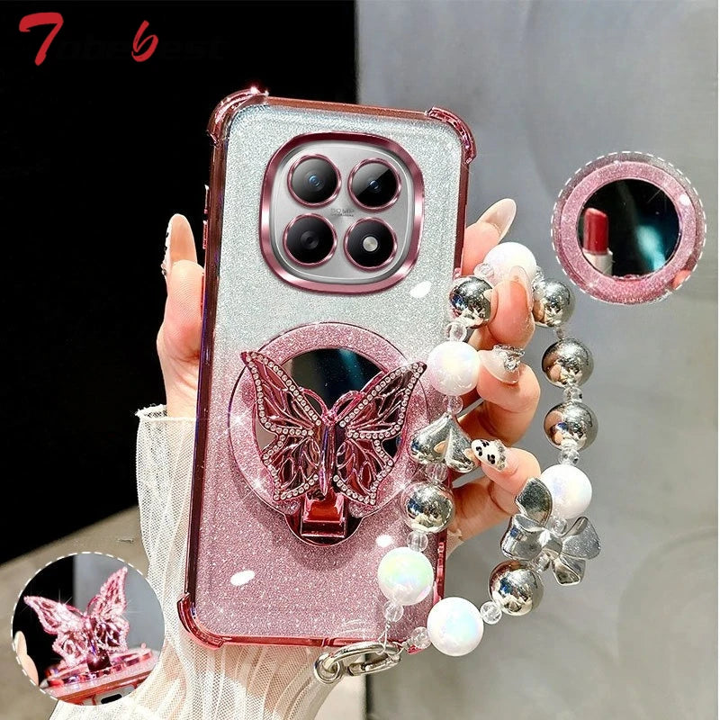 Glitter Butterfly Mirror Crystal Bracelet Case For Xiaomi Redmi Note 15 15C 14 14C 13 13C 12 11 Pro Plus 4G 5G Shockproof Cover