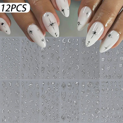 12Pcs 3D Gold Star Moon Sun Nail Stickers 10*8cm Y2K Starlight Self-adhesive Nail Decals Snake Cat Slider DIY Manicure Accessory