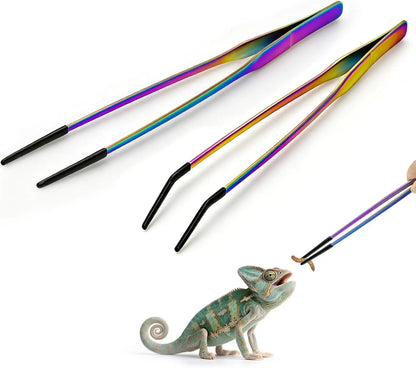 2PCS Stainless Steel Reptile Feeding Tongs with Rubber Tip Terrarium Tank Supplies Straight and Curved Tweezers Accessories