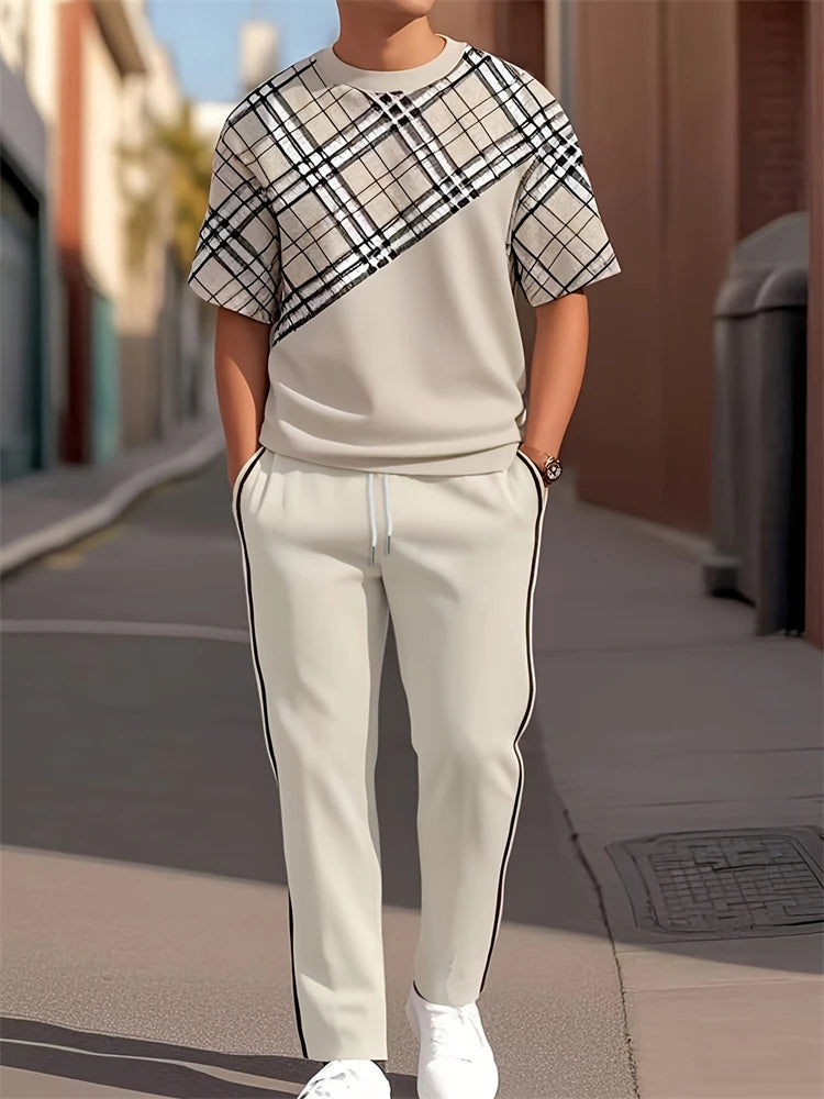 3D Navy Anchor Pattern Men's Set Summer Crew Neck Short Sleeve Shirt With Casual Trousers Two-Piece Set Casual Men's Set