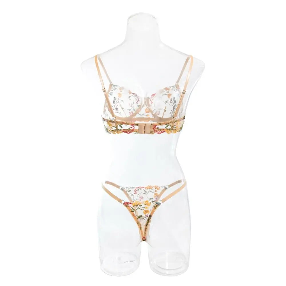 2-Piece Embroidery Lingerie Set Sexy Floral Sheer Wireless Bra Boho Bra Panty Set