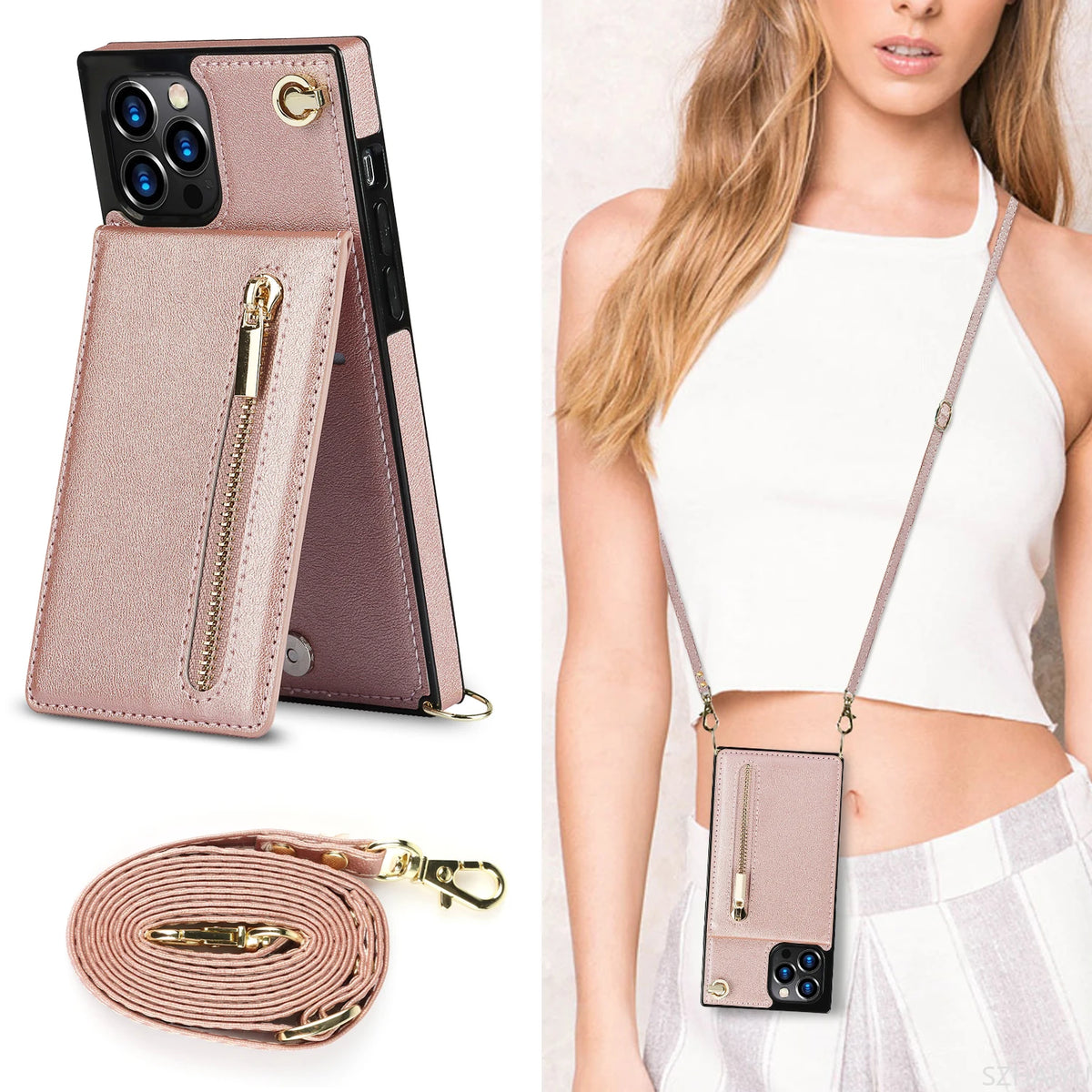 Zipper Wallet for IPhone 17 Air 16 16E 15 14 13 12 11 Pro Max Plus Case with Card Holder Lanyard Strap Crossbody Leather Cover