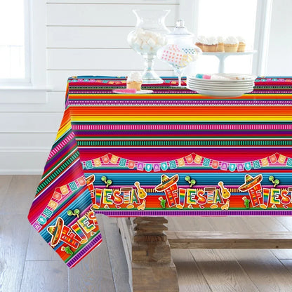 Mexican Stripes Plastic Tablecloth Holiday Party Decor Day of The Dead Waterproof Rectangle Tablecloth Mexican Fiesta Decoration