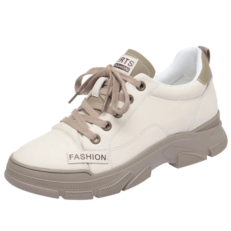Spring Non-slip Soft Leather Sneaker Trekking Footwear New Women's Thick-soled Lace-up Leisure Skateboard Sports Shoes