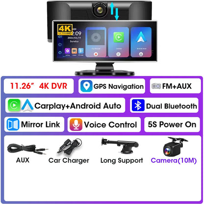 Srnubi 11.26 Inch 4K Dash Cam Wireless CarPlay & Android Auto Portable Car DVR Intelligent Systems Video Recorder GPS Navigation