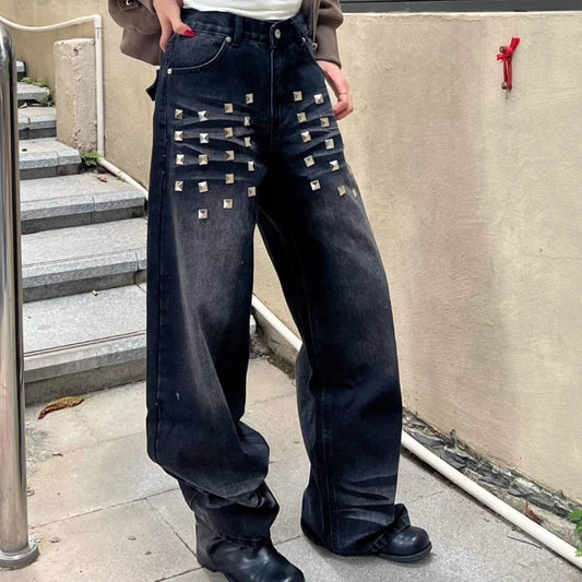 American Retro Washed Rivet Wide Leg Jeans Women Autumn and Winter New Loose Casual Slim Straight Pants