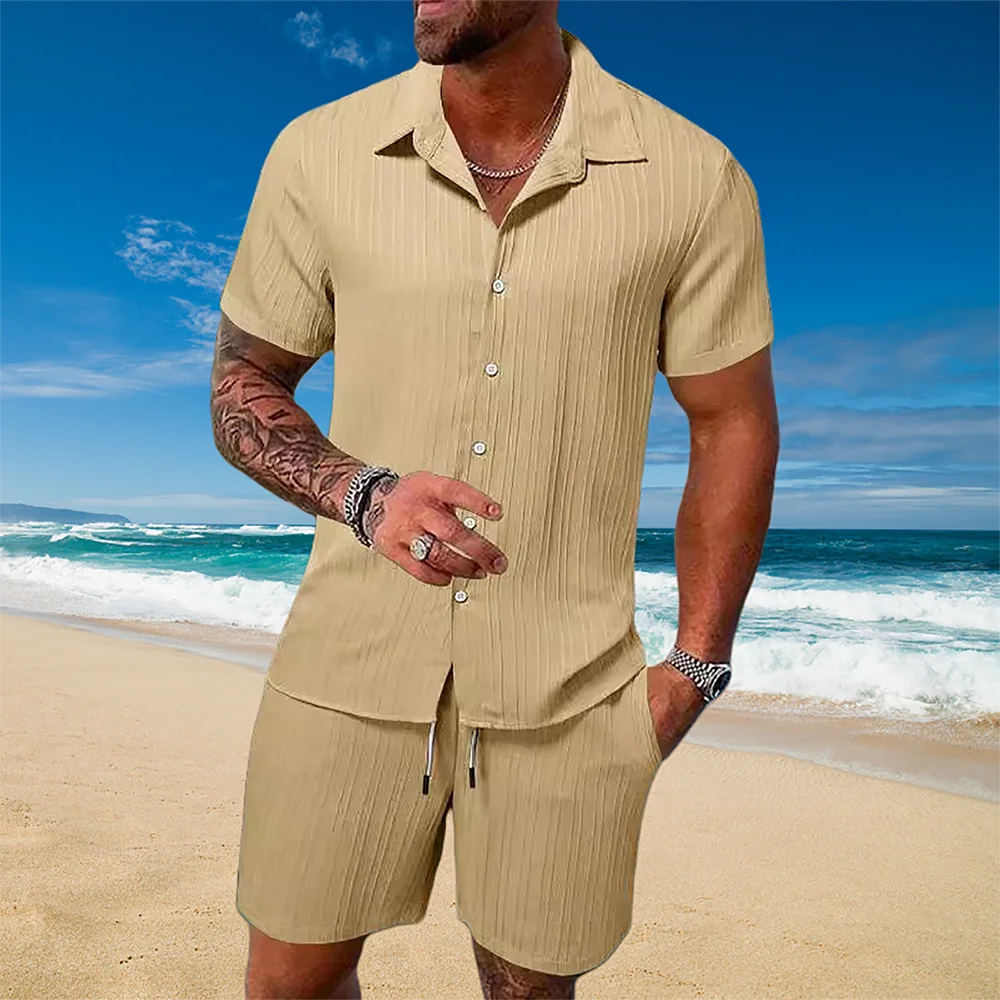 Ice Silk Cool Summer Men's Solid Color Polo Casual Loose Short Sleeve Shorts Sport Set Beach Surfing Ultra-thin Ultra Light