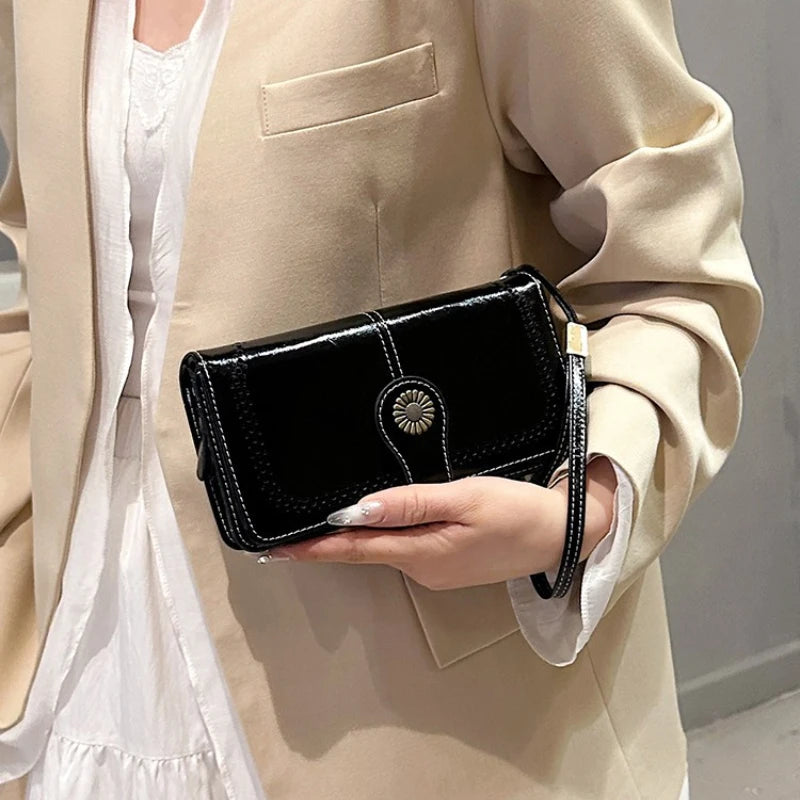 Vintage Hollow PU Long Wrist Wallet, Multi Card Slots Snap Zipper Ladies Purse For ID Cards Cash Bank Cards
