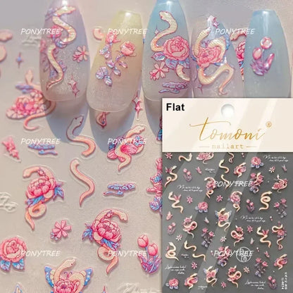 5D Gold Stamped Silver Sun Stars Snake Nail Art Stickers Totems Reliefs Self Adhesive Dark Chinese Style Manicure Decals