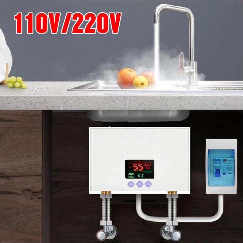 110V 220V Instant Water Heater Kitchen Bathroom Wall Mounted Electric Water Heater Hot Water Shower with LCD Temperature Display