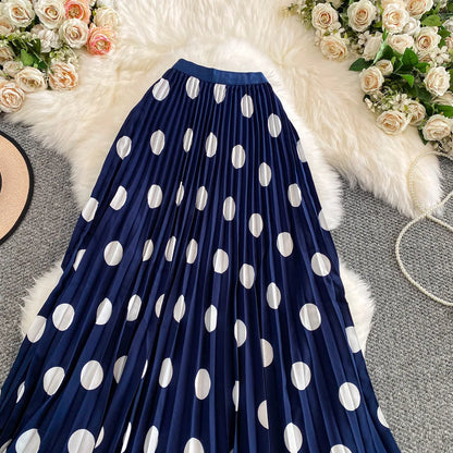 2026 Pleated Skirt Elastic Waist Polka Dot Fashion Printed Slim Pleated Skirt Women's Summer New Beach Vacation Mid-length Skirt