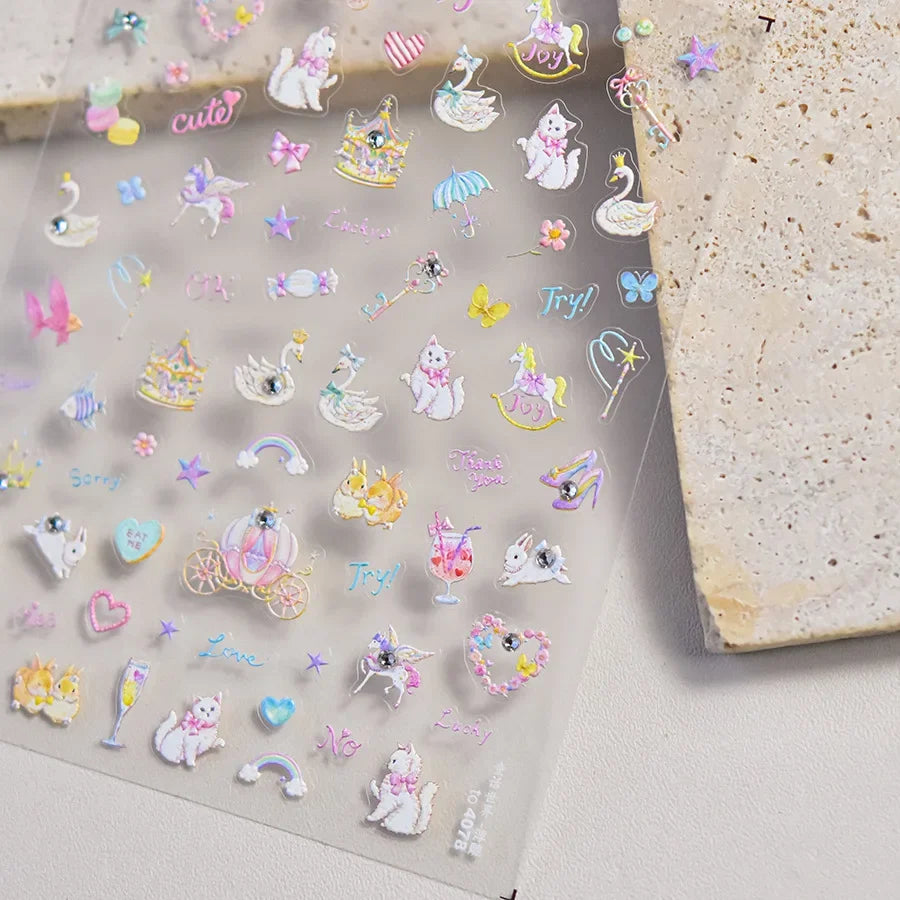 Lovely Animal Graffiti Cat Claw Rabbit Bunny Bear Dog Flower Fruit Dim Sum Candy Sunflower Adhesive 5D Nail Art Stickers Decal