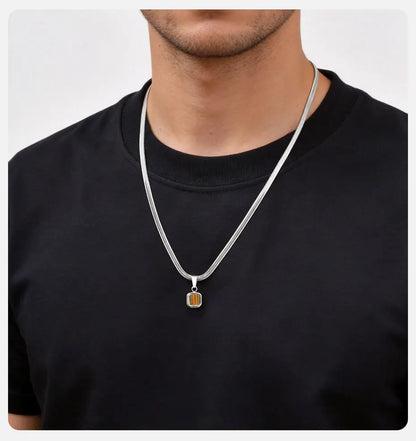 Vnox Geometric Square Natural Stone Pendant Necklace for Men, Gold Silver Color Stainless Steel Blade Chain, Trendy Jewelry Gift