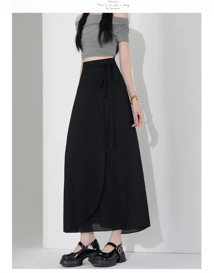 Chic Korea Clothes Summer Women Cute Sweet GIrls Solid Robe Holiday Date High Waist Retro Vintage Wrap One-Piece Lace-Up Skirts