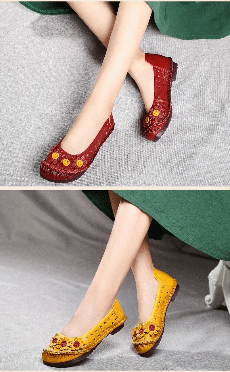 Vintage Flower Moccasins Woman Genuine Leather Ballet Flats Ladies Hollow Slip Ons Women's Luxury Loafer Purple Walking Shoes 42