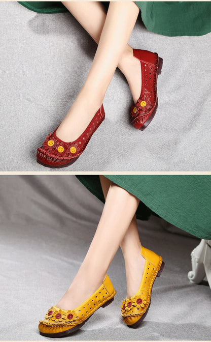 Vintage Flower Moccasins Woman Genuine Leather Ballet Flats Ladies Hollow Slip Ons Women's Luxury Loafer Purple Walking Shoes 42