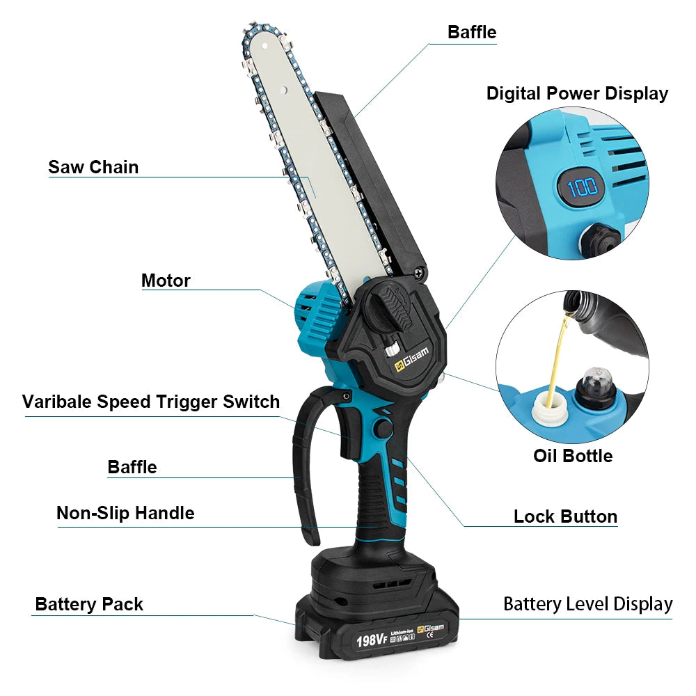 Gisam 8 Inch Brushless Electric Saw One-handed  Electirc ChainSaw Woodworking Garden Tool Pruning Saw For Makita 18v Battery Pin