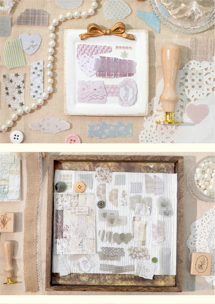 Journal GO 50pcs Dual Material Cloth Fabric Textured Stickers for Photo Frame Collage Junk Journal Scrapbooking diy Material
