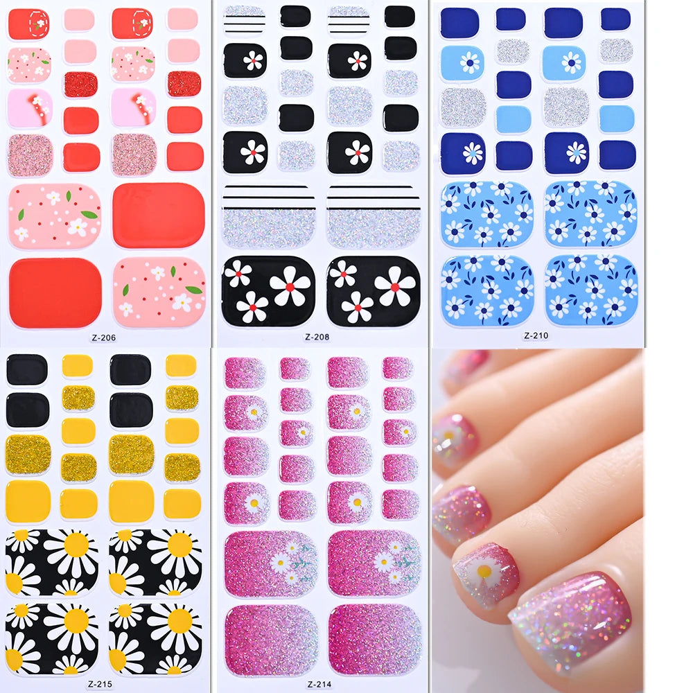 5Sheets Yellow Daisy Toenail Sticker 110Tips Full Cover Baking Free Toe Nail Wraps Elegant Flower Self-Adhesive Toe Polish Strip