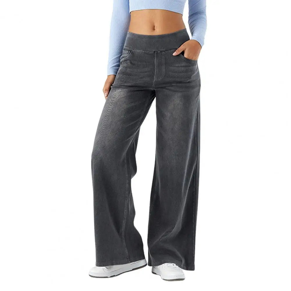 Women Jeans With Pockets Elastic High Waist Solid Color Full Length Pants Straight Wide Leg Trousers Sweatpant Daily Commuting