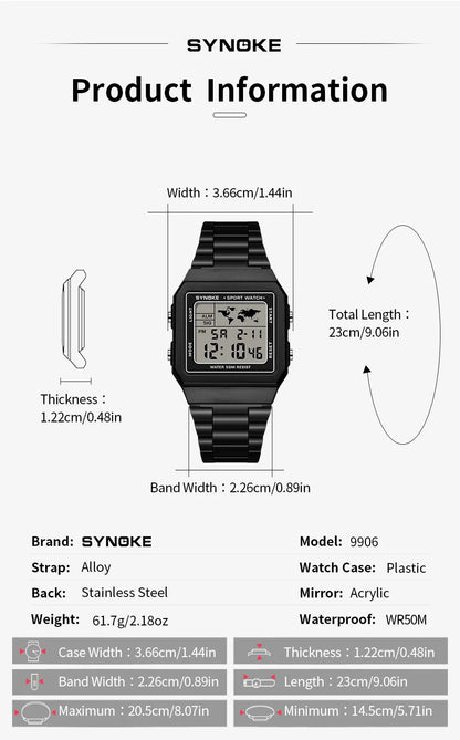 SYNOKE Top Brand Luxury Stainless Steel Chrono Sport Watches Men Back Light Display Digital Wristwatch 5Bar Waterproof Reloj Hom