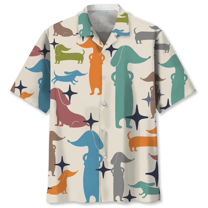 Cute puppy print Hawaiian men's short-sleeved shirt 2024 new casual lapel top fashion plus size