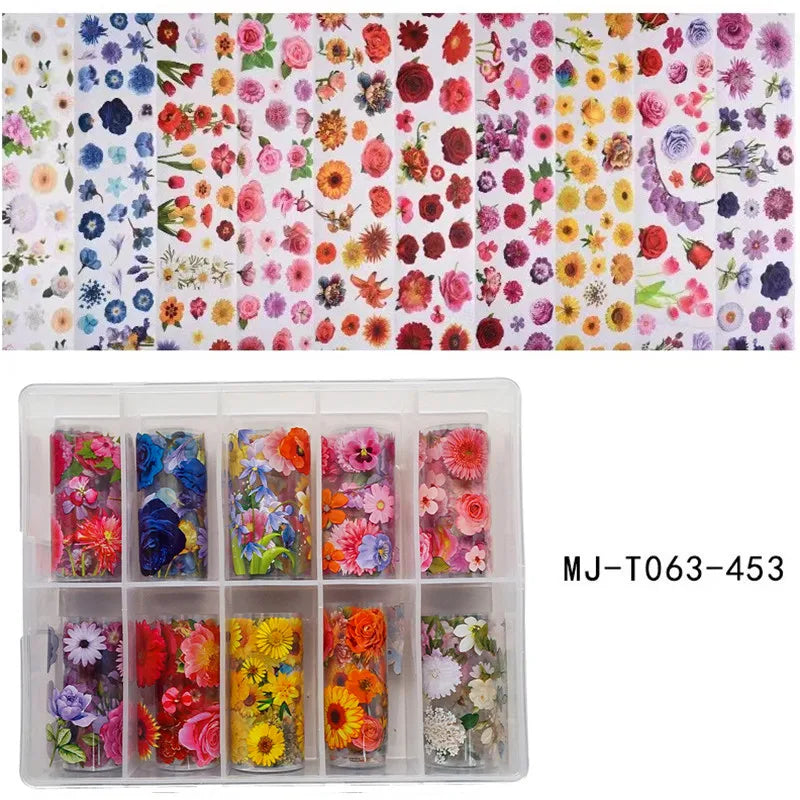 New Flower Nail Foils for Transfer Paper Stickers Floral Adhesive Fruit Nails Wraps Fish DIY Water Marble Nail Art Decorations