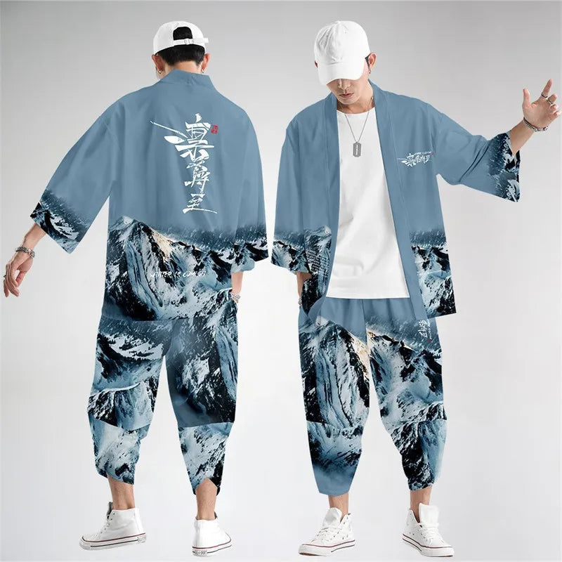 Large Size 5XL 6XL Japanese Kimono Cardigan Pants Set Print Fox Men Women Shirt Tradition Yukata Haori Obi Cosplay Costume