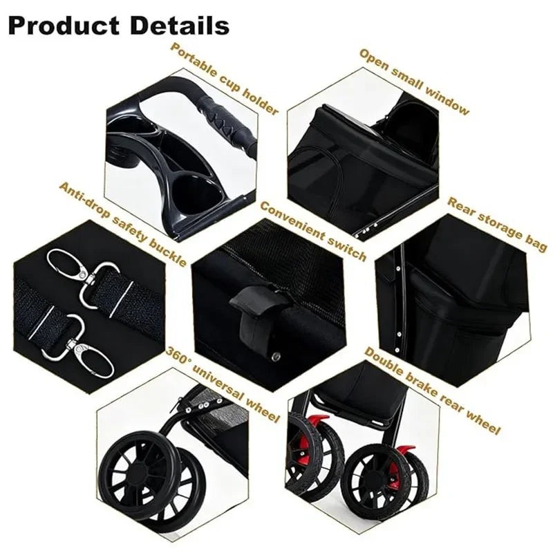 Dual‑Layer Pet Stroller Foldable Travel Dog Cat Cart Breathable Mesh Wagon with Cup Holder Storage Bag for Small Animals