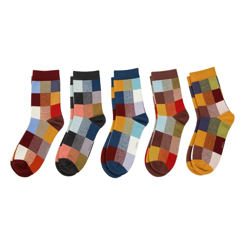 5 Pairs/Lot Combed Cotton Men's Socks Compression Fashion Colorful Square Happy Dress Men Casual Business Grid Gentleman British
