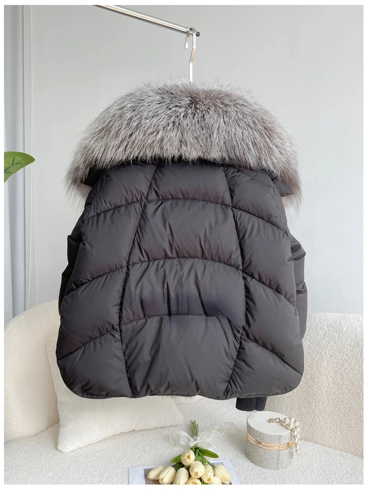 Oversized Winter Warm Real Fox Fur Collar Black Down Coat Women Puffer Outerwear Jackets 2024 Autumn Winter