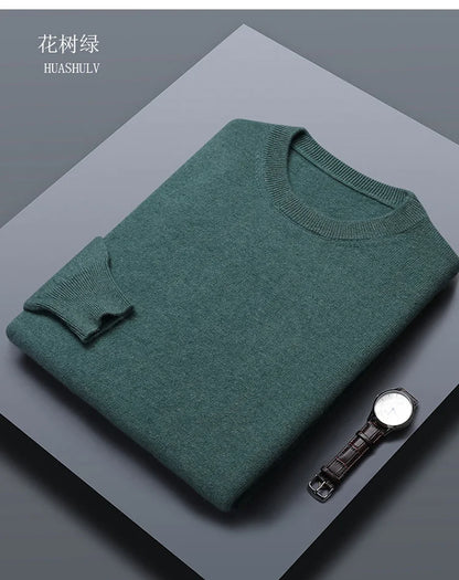 Classic Solid Color Men's O-neck Sweater Autumn Winter 100% Merino Wool Knitted Pullover Long Sleeve Warm Loose Casual Men Tops
