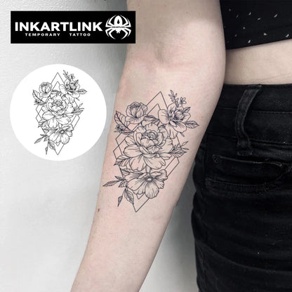 INKARTLINK Minimalist Flower Tattoo Patch 1-2 Weeks Long lasting Geometric Diamond Line Waterproof Temporary Tattoo
