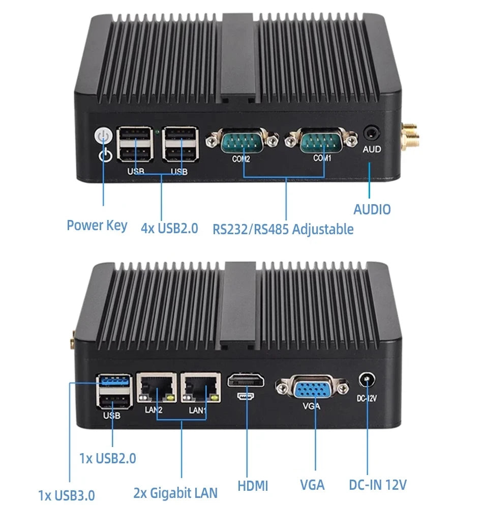 XCY Fanless Mini PC Intel Celeron J6412 N5095 2x GbE LAN 2x RS232 HDMI VGA WiFi 4G LTE Windows 10 Linux Industrial Computer