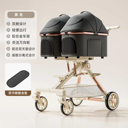 A6-2 Twin Pet Stroller Aluminum Alloy Detachable Foldable Lightweight Separate Travel Cart for Dogs Cats