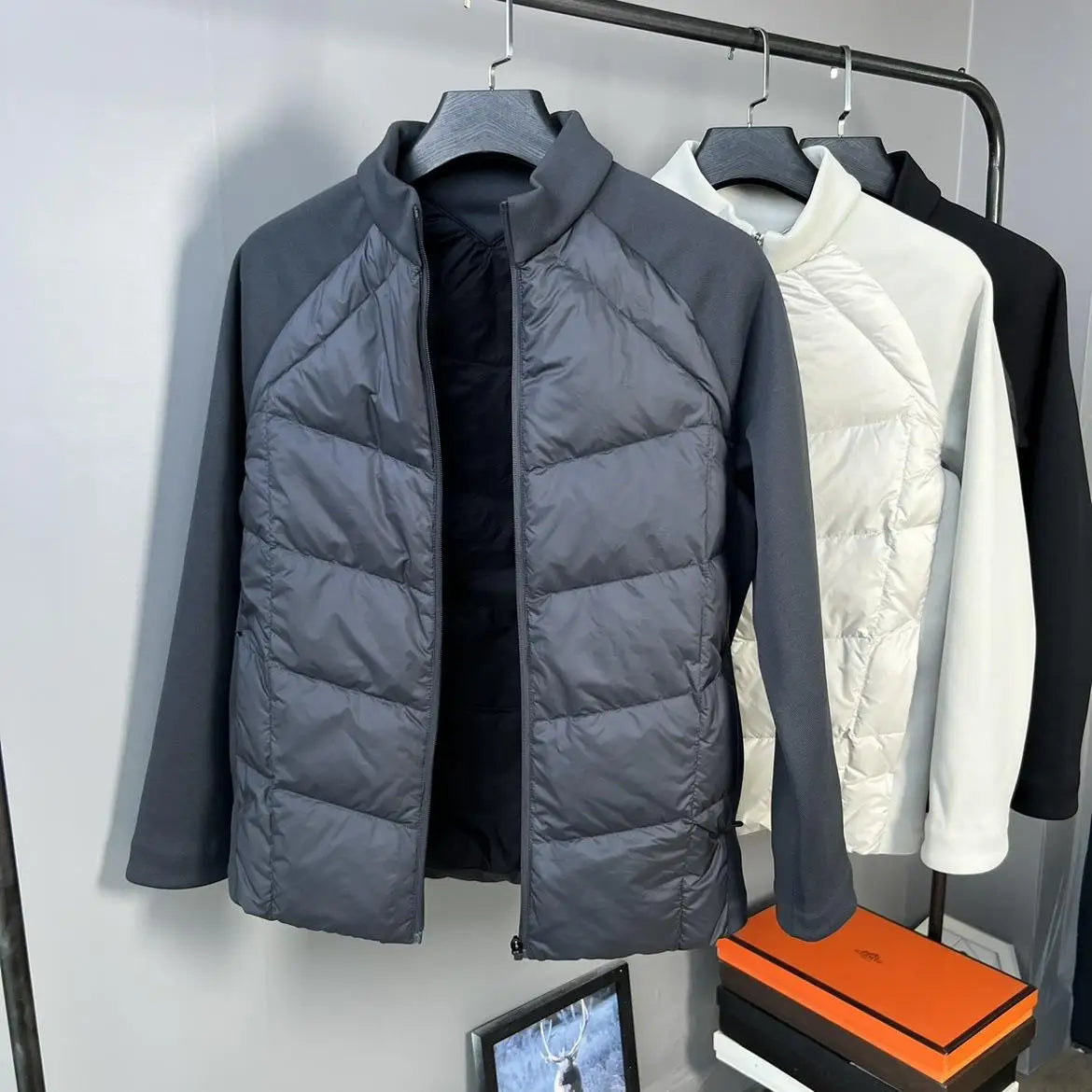90 white duck down three-proof fabric men's down jacket, stand-up collar knitted patchwork sports outdoor winter coat