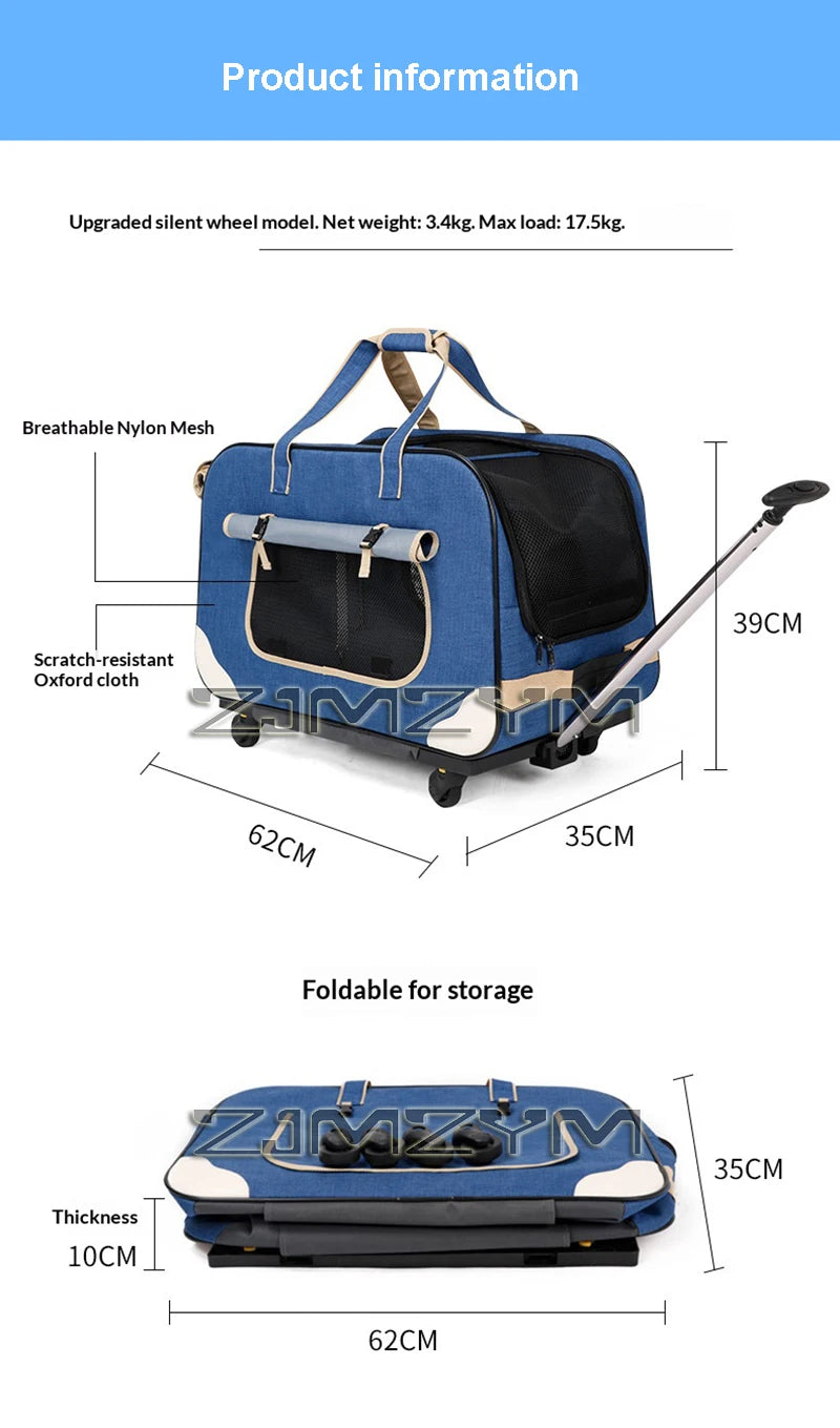 Foldable Pet Trolley, Detachable Windproof Cat Bag, Breathable Cat Carriers, Portable Pet Trolley Case
