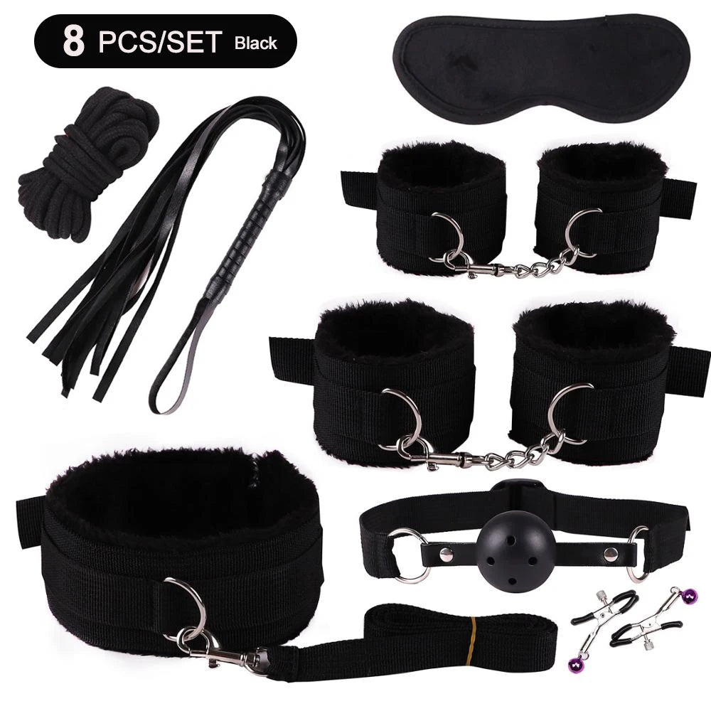 Hot Exotic Bed Bondage Set BDSM Kits Exotic Sex Toys For Women  Adults Games Leather Handcuffs Whip Gag Nipple Clamps Sex Shop