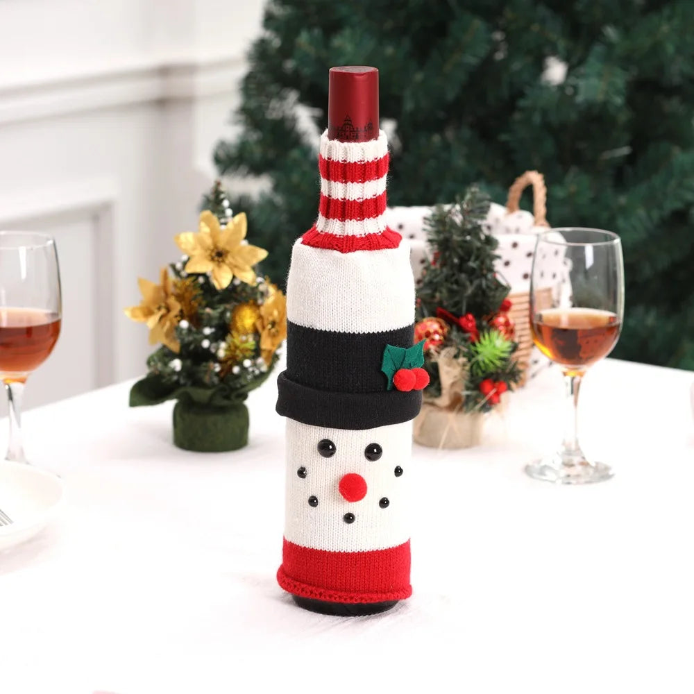 2024 Christmas Knitted Wool Red Wine Bottle Cover Ornament Table Dress Up Home Christmas Decor Hotel Restaurant Festivals Decor