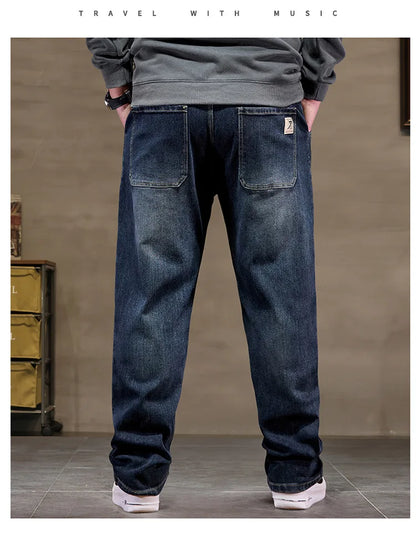 Extra Big Size Jeans Men High Elastic Waist Baggy Denim Pant Male Plus Large Loose Slim Fit Cowboy Trouser 8XL 6XL Classic Black