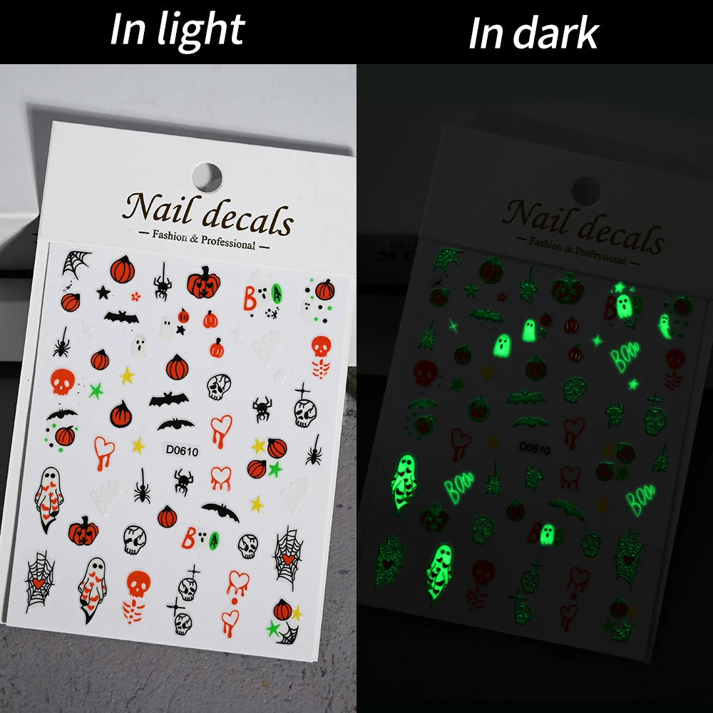 1sheet 5D Halloween Nail Stickers Pink/Green/Black Cartoon Pattern Nail Art Slider DIY For Sweet Cool Girl Cute Nail Decoration